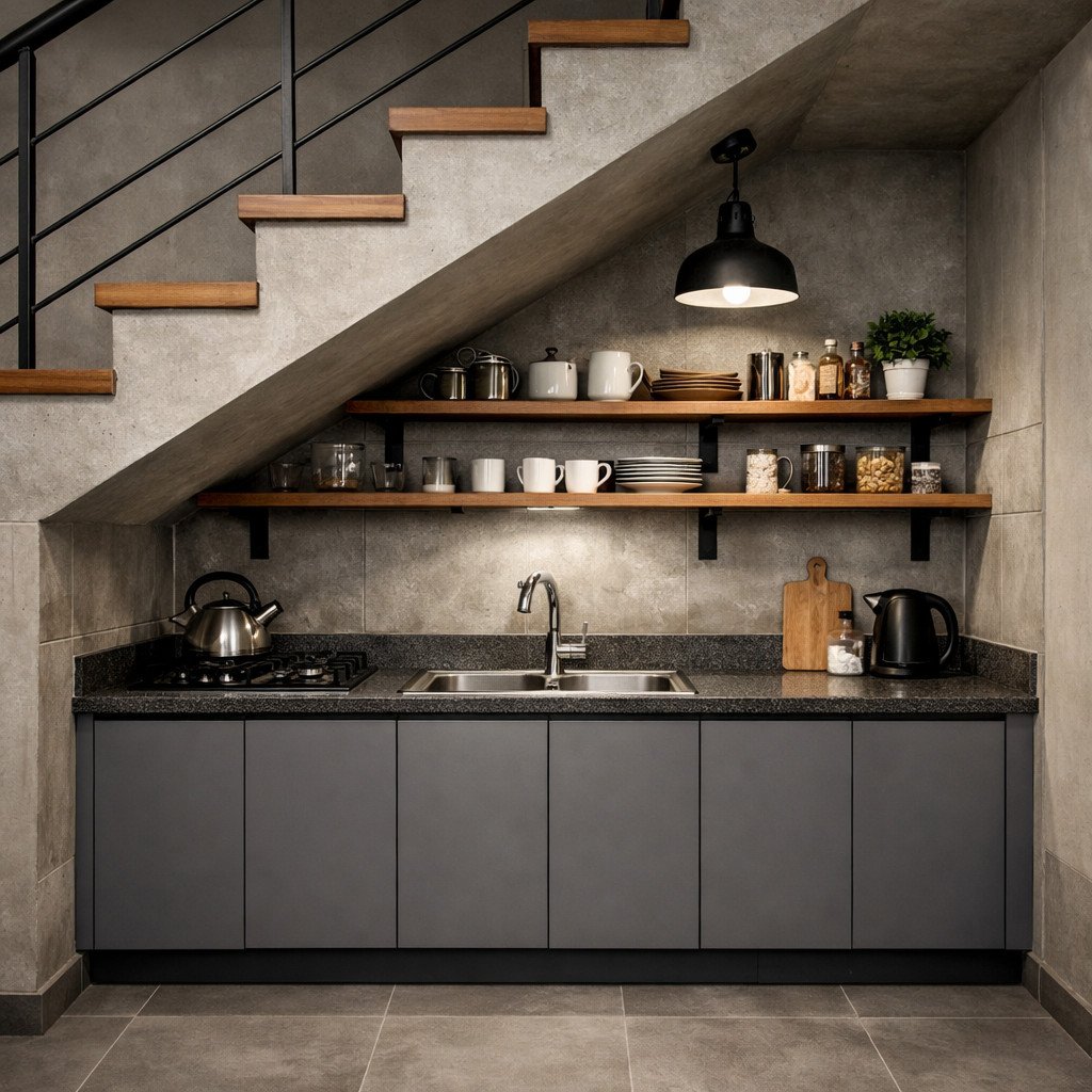 Dapur minimalis industrial yang compact dan fungsional di bawah tangga