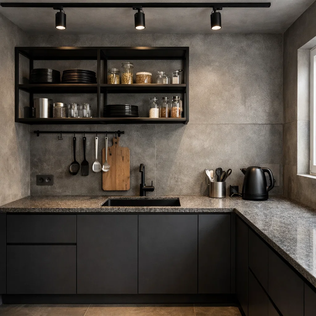 Dapur minimalis kecil bergaya industrial ini mengutamakan fungsi dan efisiensi dengan material jujur seperti besi, semen, dan warna gelap—tampil sederhana, hemat, namun tetap modern dan berkarakter kuat