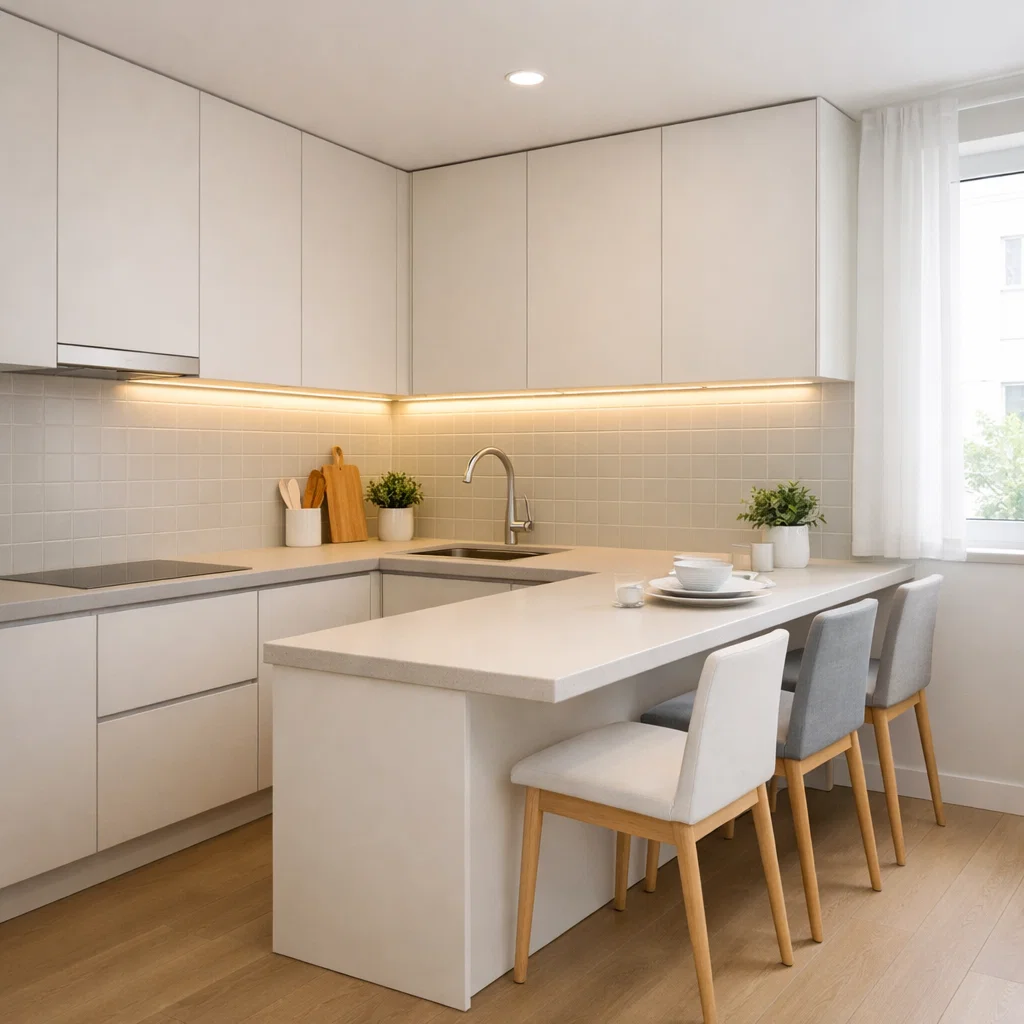 Dapur Japandi menghadirkan perpaduan hangat antara kayu natural dan warna netral lembut, menciptakan suasana tenang, rapi, dan fungsional yang cocok untuk hunian modern masa kini