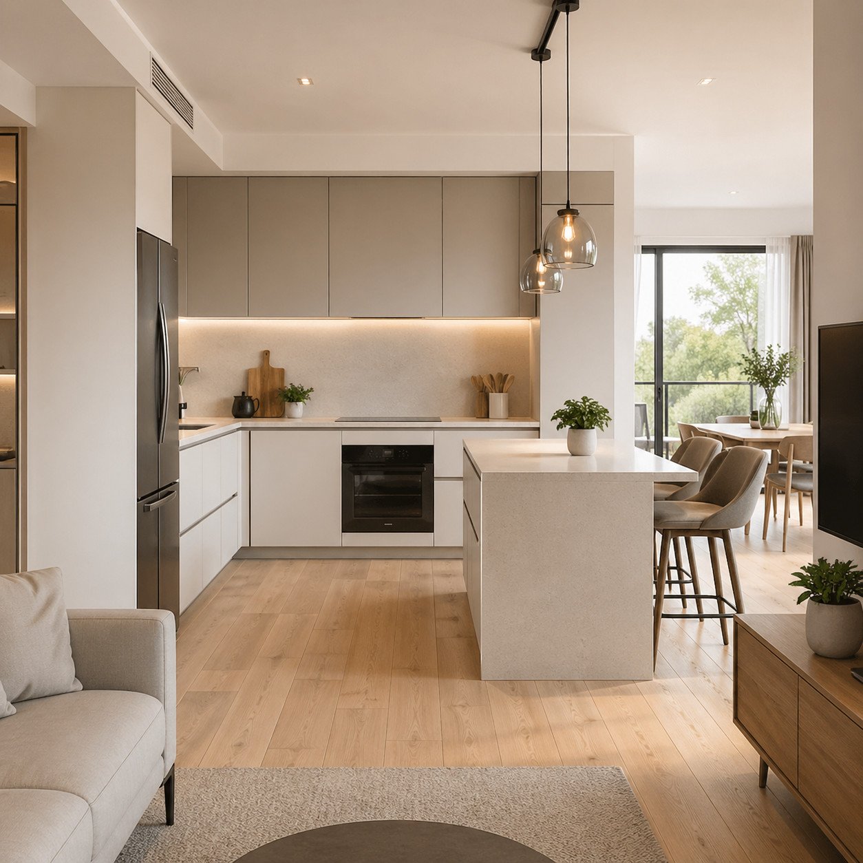 Dapur minimalis konsep terbuka tanpa sekat ini menyatu dengan ruang lain, menciptakan kesan luas, modern, dan nyaman untuk aktivitas memasak sekaligus berkumpul bersama keluarga