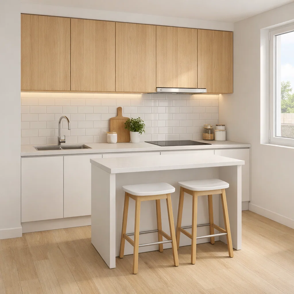 Dapur minimalis modern bergaya Scandinavian ini memadukan putih dan kayu terang untuk menciptakan kesan lapang, bersih, dan hangat—lengkap dengan mini island yang fungsional tanpa membuat ruang terasa sempit