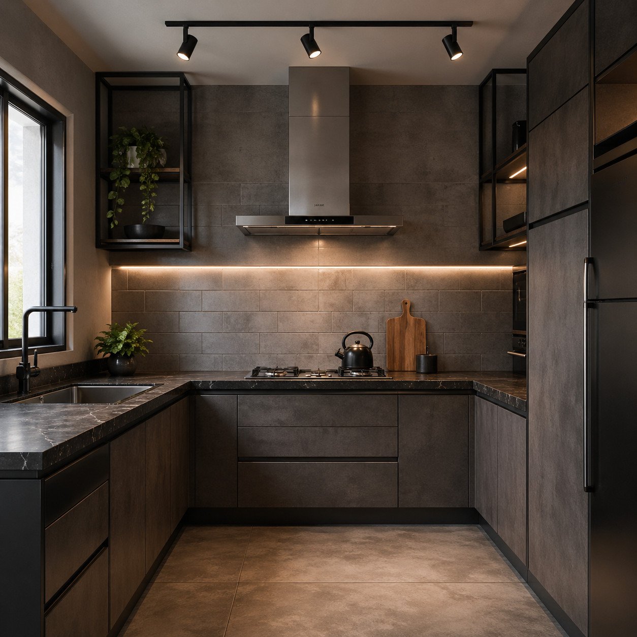Dapur minimalis modern bergaya industrial ini tampil tegas dengan dominasi warna gelap, tekstur semen, dan aksen metal—pilihan tepat untuk kamu yang ingin ruang dapur terlihat bold, modern, dan penuh karakter