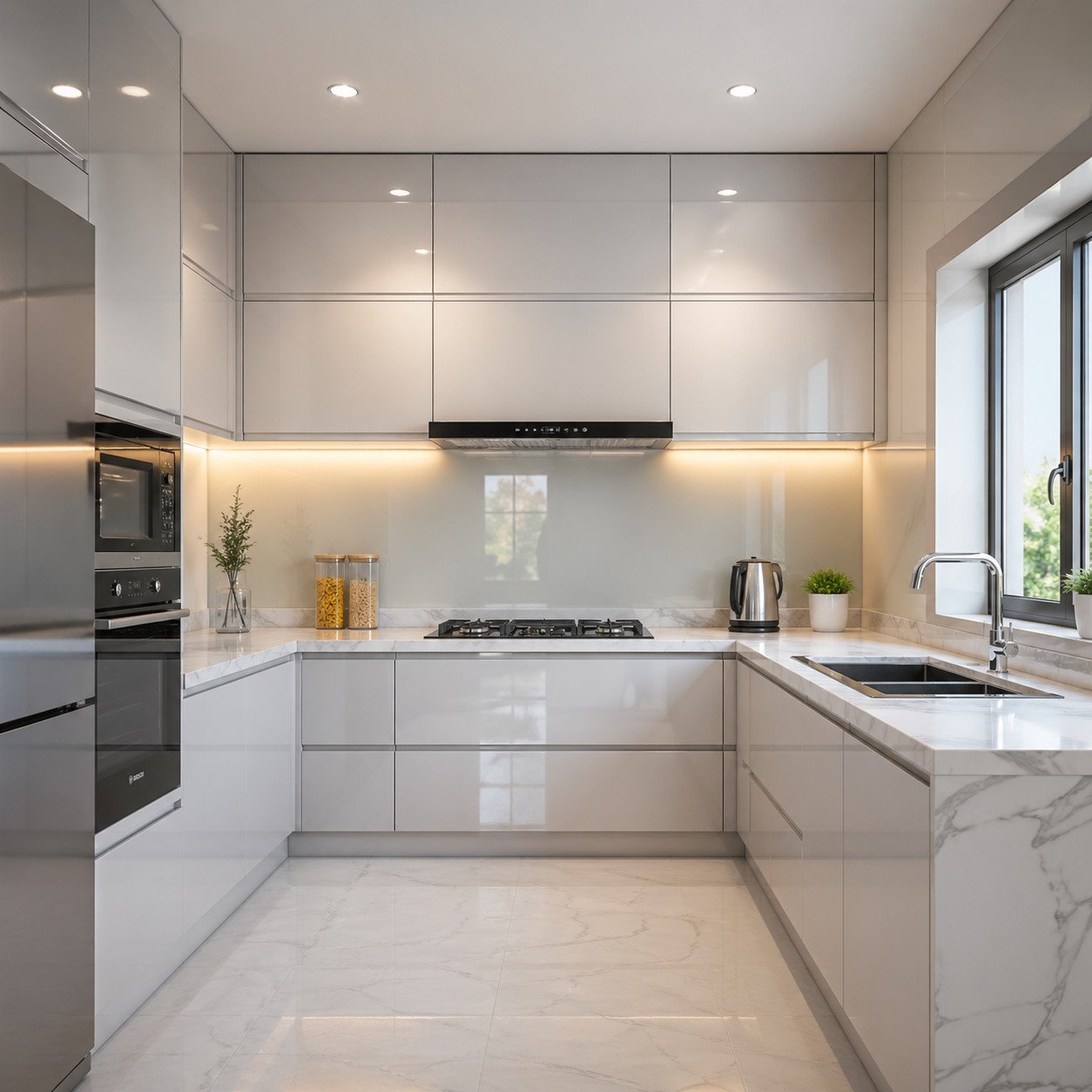 Dapur minimalis modern dengan finishing glossy memberikan tampilan elegan dan mewah, dengan pantulan cahaya yang membuat ruang terasa lebih bersih, luas, dan berkelas