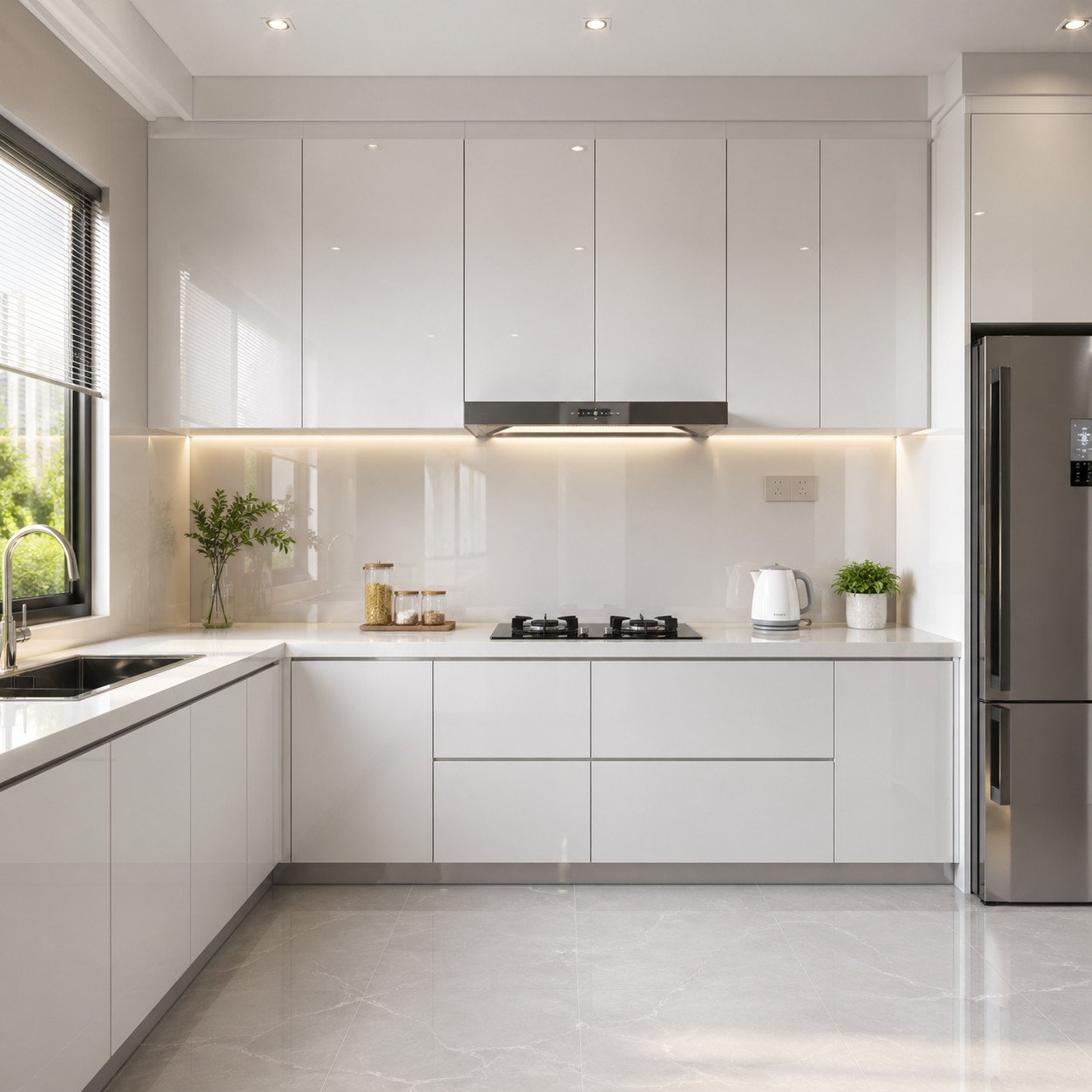 Dapur minimalis modern dengan finishing glossy ini menghadirkan kesan bersih, terang, dan elegan—pantulan cahaya dari permukaan kabinet membuat ruang terasa lebih luas dan mewah