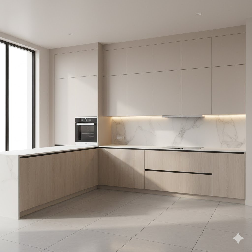 Dapur minimalis modern dengan kabinet built-in warna beige dan kayu terang yang terlihat bersih, rapi, dan elegan dalam pencahayaan hangat natural