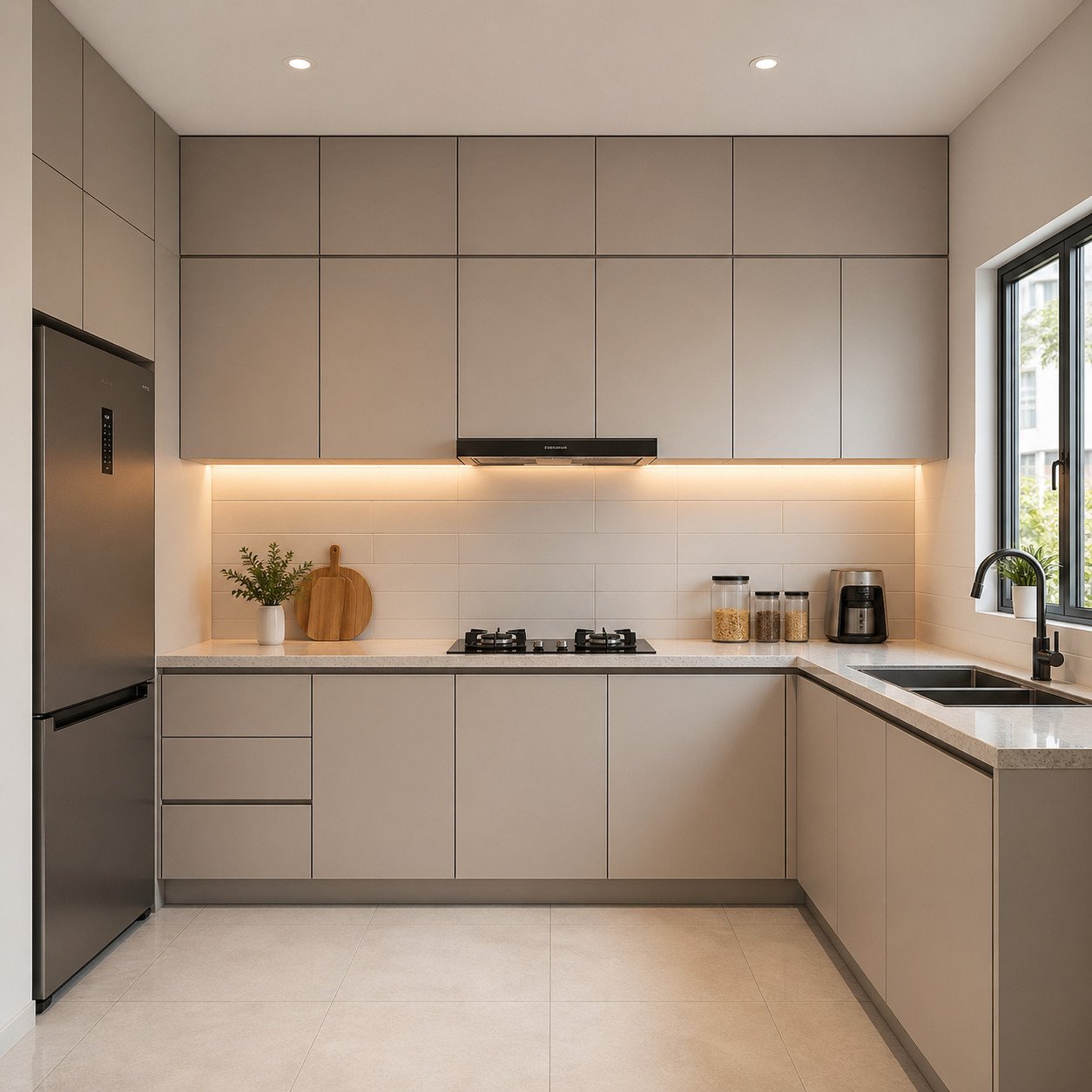 Dapur minimalis modern dengan kabinet full hingga plafon ini dirancang untuk memaksimalkan penyimpanan di ruang sempit, cocok untuk apartemen dengan tampilan rapi dan fungsional