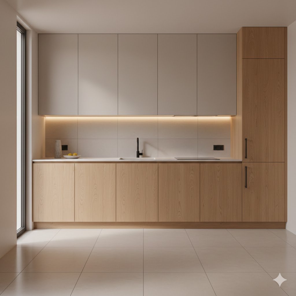 Dapur minimalis modern dengan kabinet rapi dan pencahayaan hangat yang menciptakan suasana bersih serta elegan dalam ruang kompak