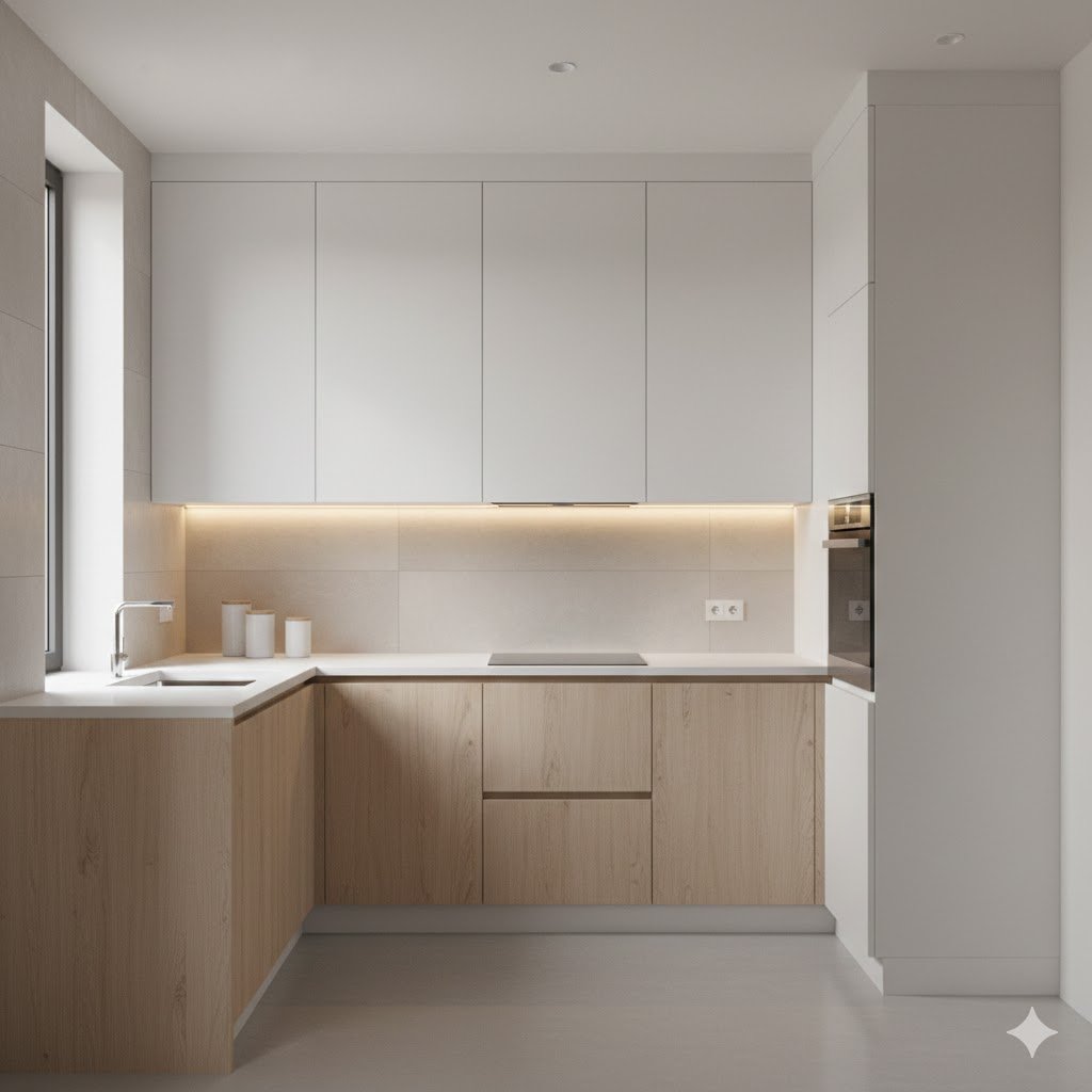 Dapur minimalis modern dengan kombinasi putih dan kayu terang yang terlihat rapi, bersih, dan fungsional untuk rumah masa kini