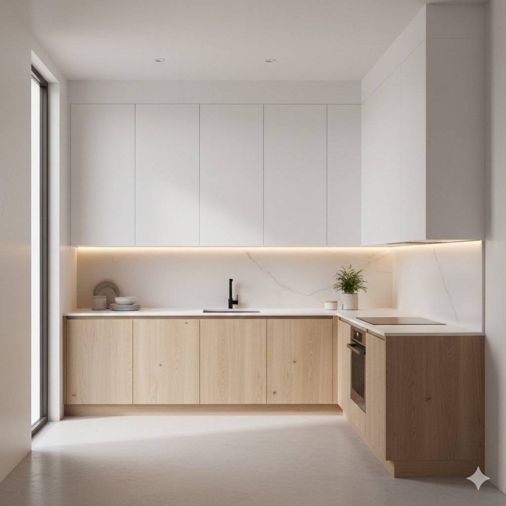 Dapur minimalis modern dengan kombinasi putih matte dan aksen kayu terang yang terlihat rapi, hangat, dan fungsional untuk ruang kecil hingga menengah