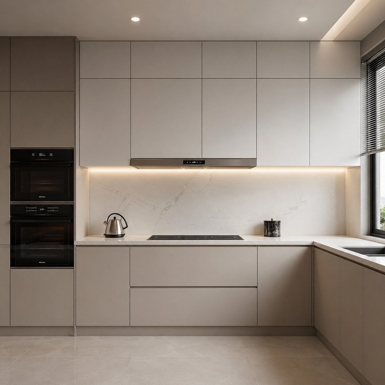 Dapur minimalis modern dengan konsep clean line menghadirkan tampilan rapi tanpa distraksi—garis tegas, kabinet seamless, dan fungsi maksimal untuk ruang kerja yang terasa profesional dan tenang