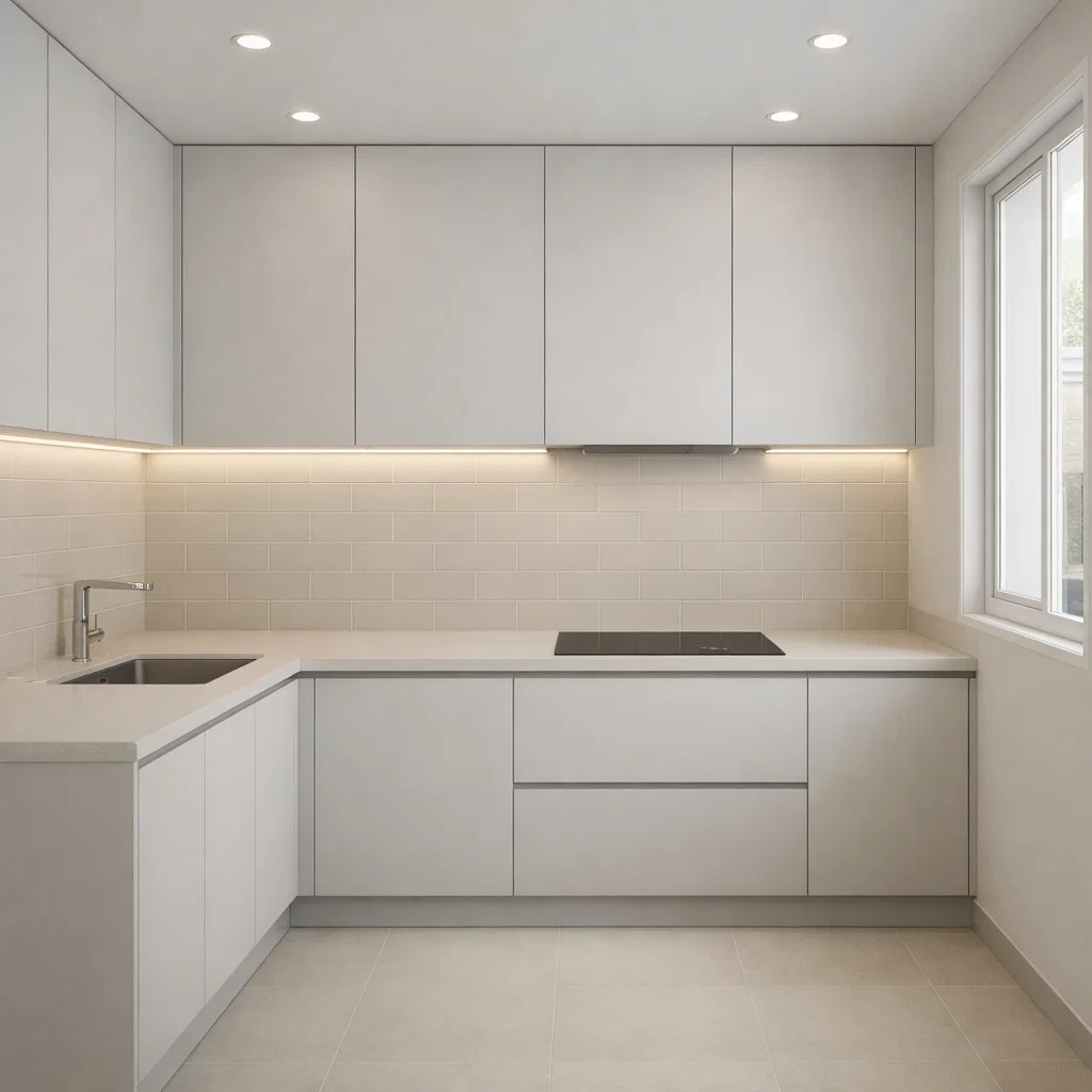 Dapur minimalis modern dengan konsep clean line menonjolkan kerapian, garis tegas, dan minim distraksi—menciptakan ruang yang terasa luas, elegan, dan sangat fungsional tanpa perlu banyak dekorasi