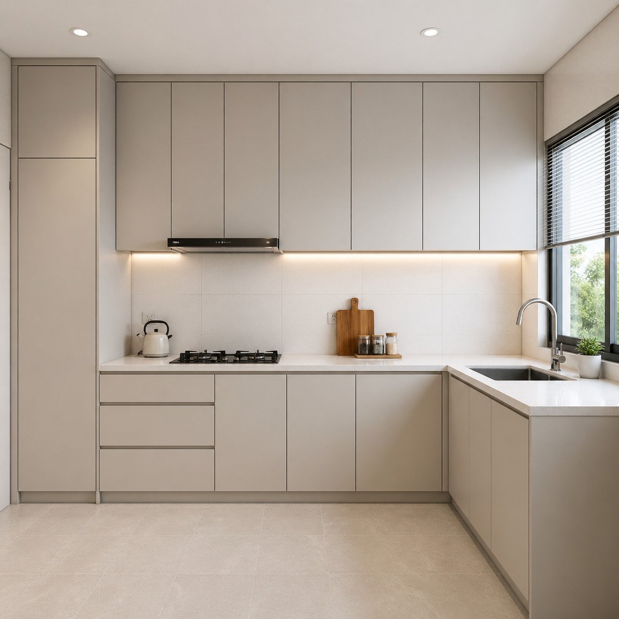 Dapur minimalis modern dengan konsep clean line menghadirkan tampilan rapi tanpa gangguan visual—garis tegas, warna konsisten, dan desain presisi untuk ruang yang terasa lebih tenang dan elegan