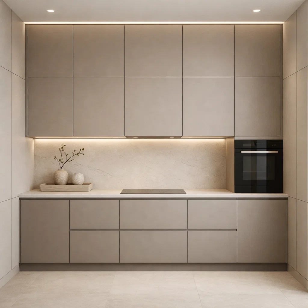 Dapur minimalis modern dengan konsep quiet luxury ini menonjolkan keindahan pada detail—warna netral, finishing presisi, dan pencahayaan tersembunyi menciptakan kesan elegan tanpa terlihat berlebihan