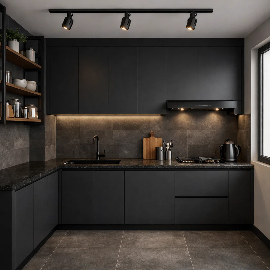 Dapur minimalis modern dengan sentuhan industrial ini tampil tegas dan berkarakter, memadukan warna gelap, material jujur, dan pencahayaan yang dramatis tanpa mengorbankan fungsi dan kenyamanan