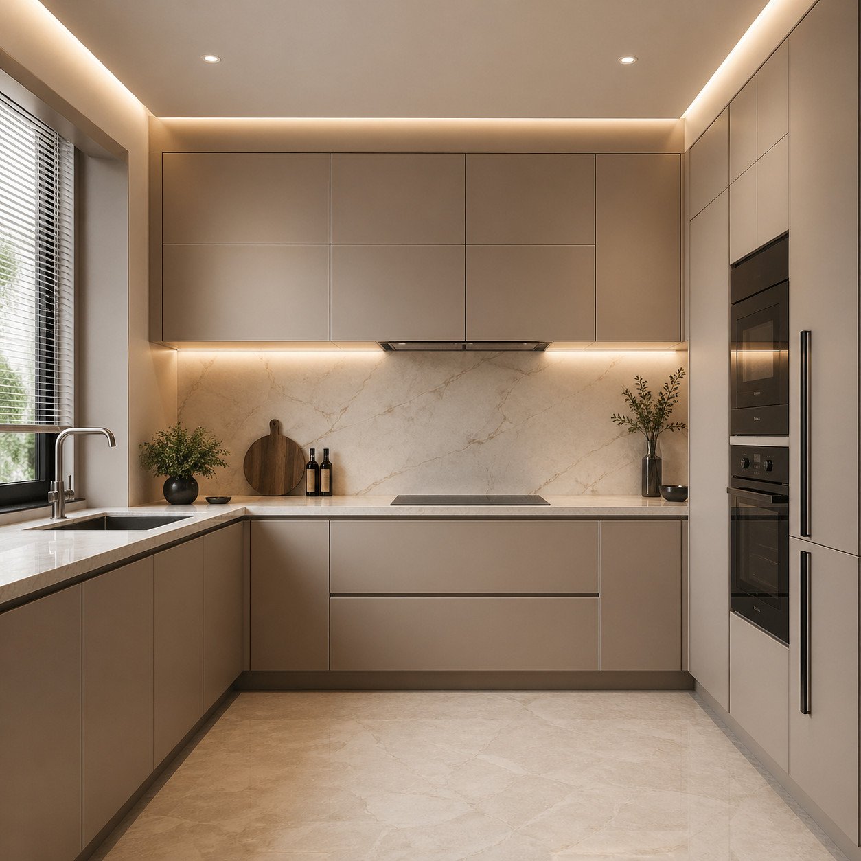 Dapur minimalis modern dengan sentuhan luxury ini mengutamakan detail presisi, material premium, dan pencahayaan tersembunyi untuk menciptakan tampilan elegan yang eksklusif meskipun dalam ruang yang compact