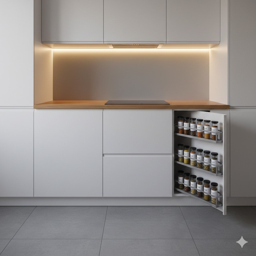 Dapur minimalis modern dengan sistem penyimpanan bumbu terintegrasi yang rapi dan efisien dalam tata letak compact beraksen kayu hangat