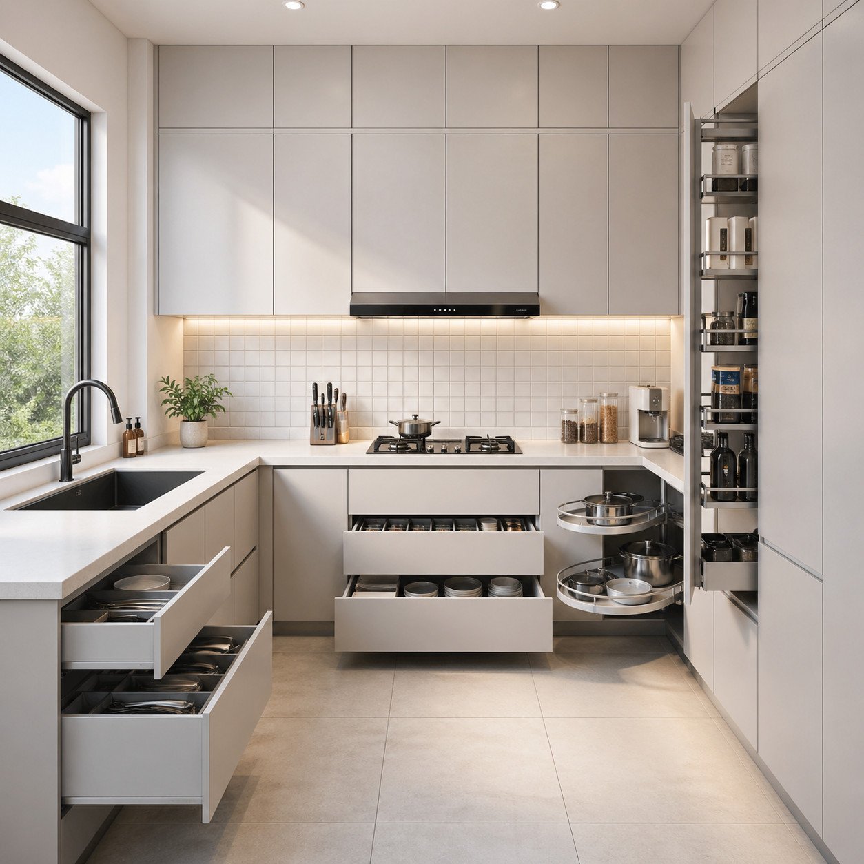 Dapur minimalis modern dengan sistem storage cerdas ini memaksimalkan setiap sudut ruang, menghadirkan solusi rapi, efisien, dan tetap lega meski di area terbatas