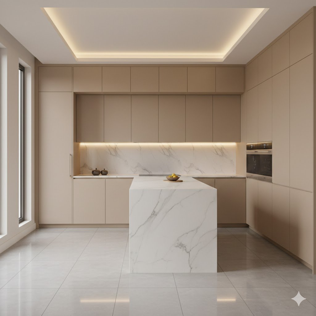 Dapur minimalis modern mewah dengan island marmer elegan dan kabinet seamless yang rapi serta pencahayaan hangat yang memperkuat kesan eksklusif