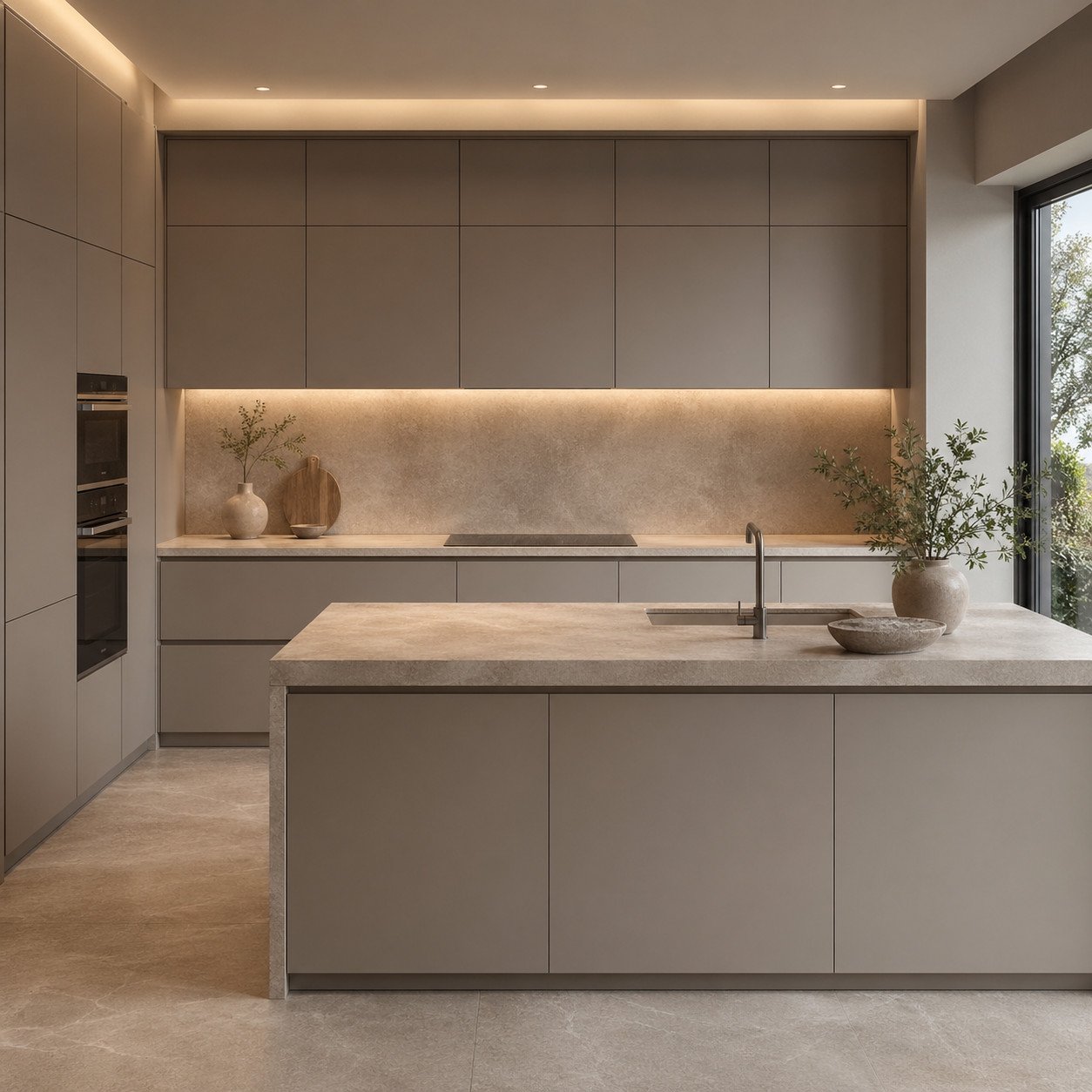 Dapur minimalis modern mewah dengan konsep quiet luxury ini menonjolkan keindahan dari detail yang halus, warna lembut, dan finishing presisi—memberikan kesan elegan tanpa terlihat berlebihan