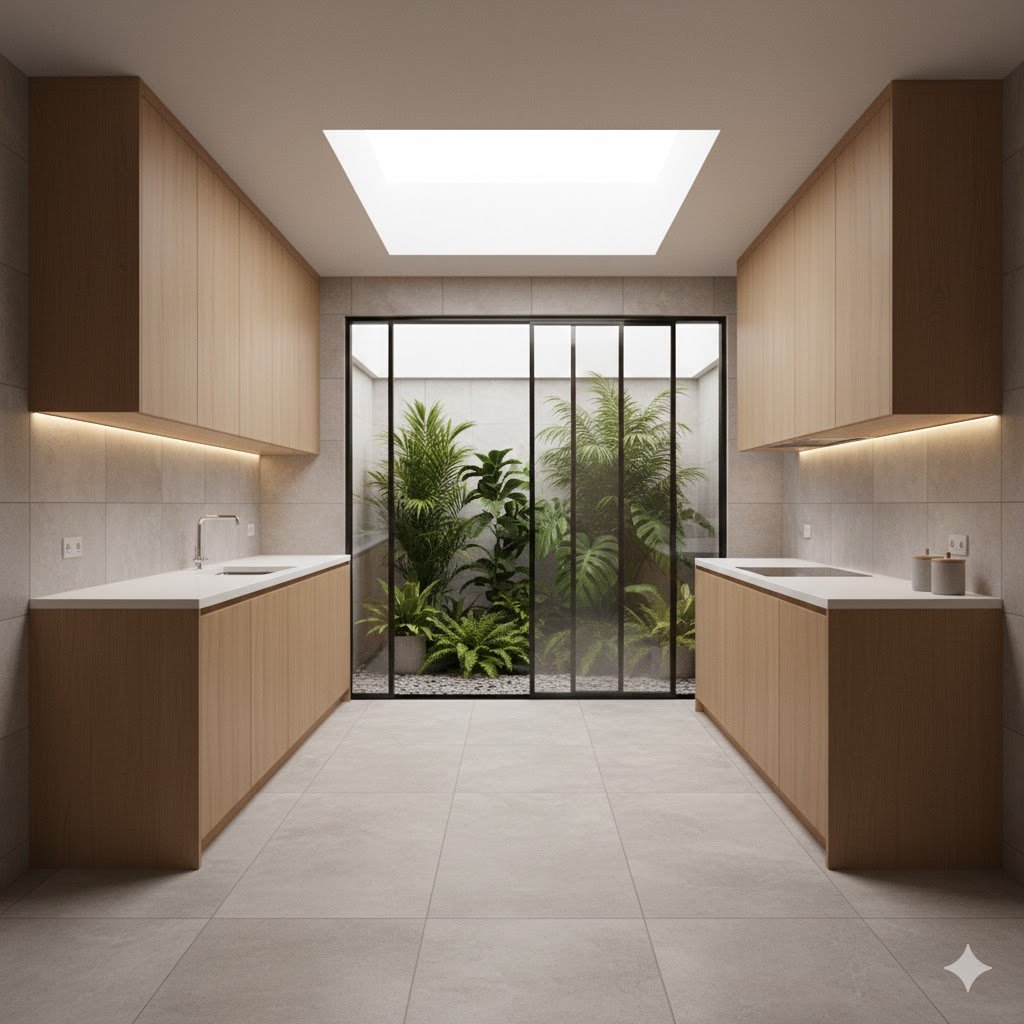 Dapur minimalis modern yang terhubung langsung dengan taman kecil berkonsep natural sehingga ruang memasak terasa lebih segar dan terang alami