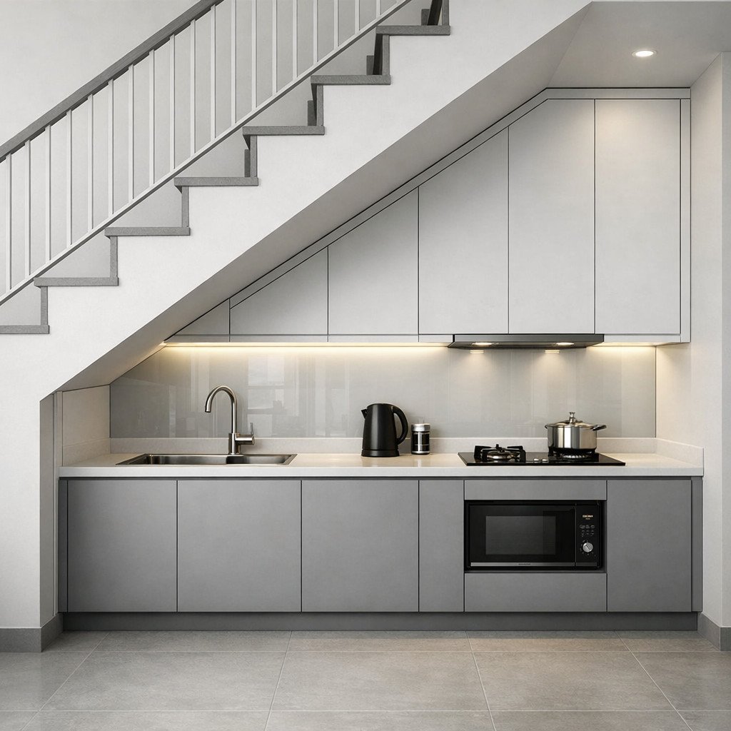 Dapur minimalis rapi yang memanfaatkan ruang bawah tangga secara maksimal