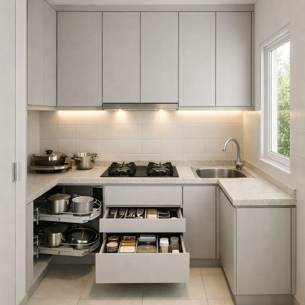 Dapur minimalis rumah subsidi ini dirancang untuk memaksimalkan setiap sudut ruang dengan sistem penyimpanan cerdas, sehingga tetap rapi, lega, dan fungsional meski dalam ukuran terbatas