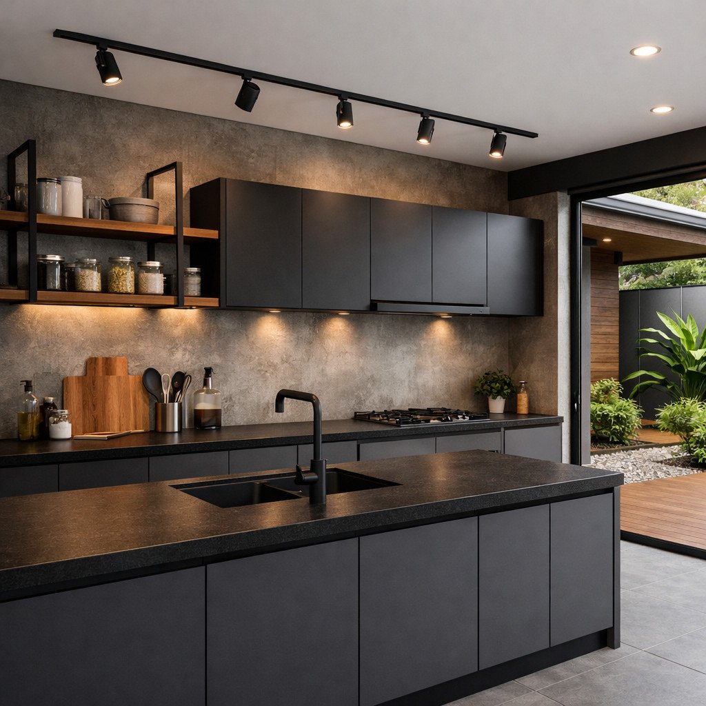 Dapur minimalis terbuka dengan gaya industrial ini menghadirkan karakter tegas melalui kombinasi warna gelap, beton ekspos, dan elemen metal, namun tetap terasa hangat berkat pencahayaan yang terkontrol dan sirkulasi udara yang terbuka
