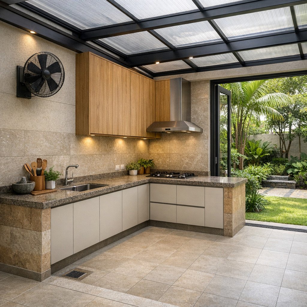Dapur minimalis terbuka dengan konsep tropis modern ini mengutamakan sirkulasi udara dan pencahayaan alami, dipadukan material tahan cuaca sehingga tetap nyaman, sejuk, dan fungsional untuk penggunaan jangka panjang