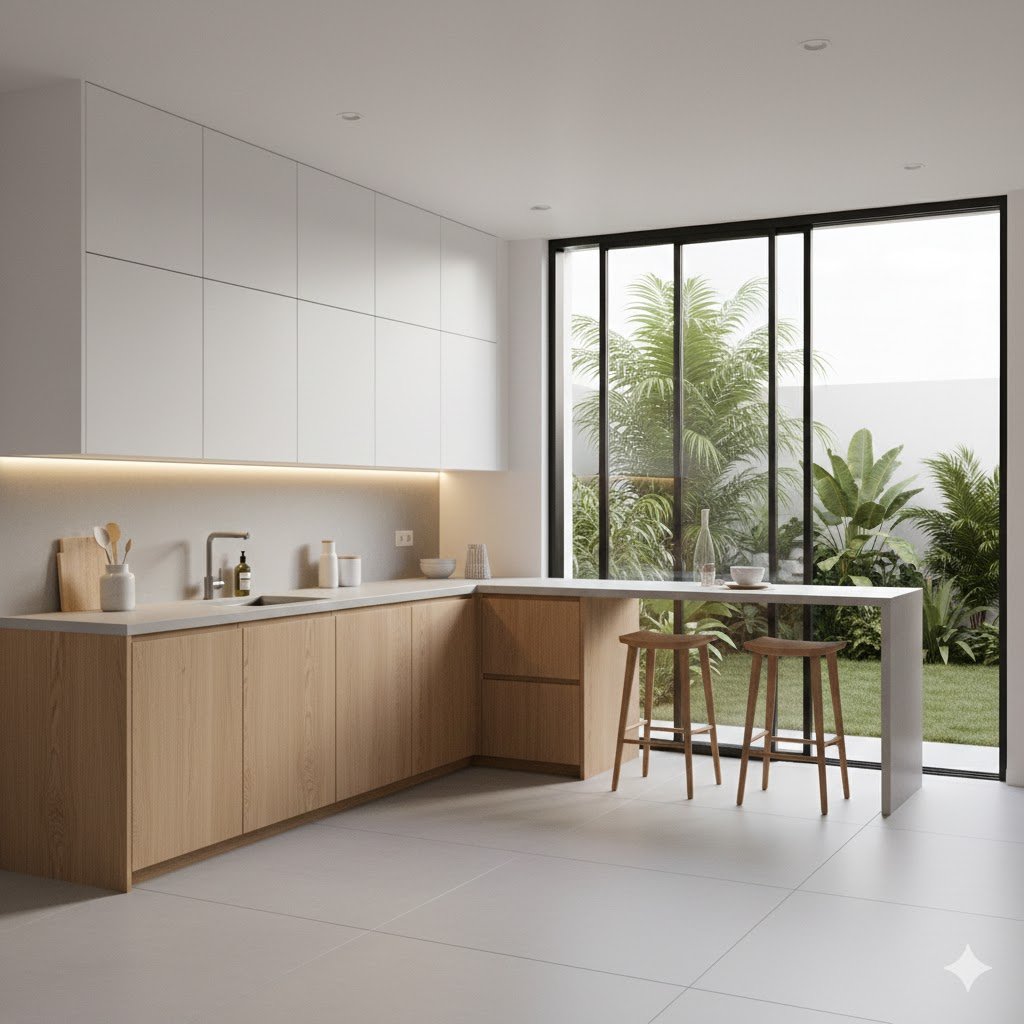 Dapur minimalis terbuka yang menyatu dengan taman kecil menghadirkan suasana terang, segar, dan terasa lebih luas secara visual