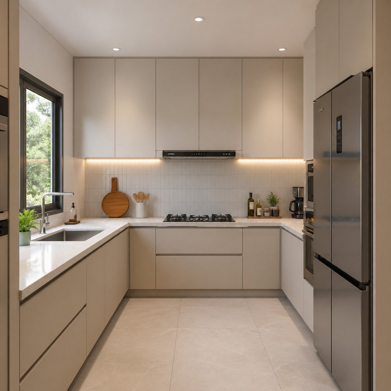 Dapur minimalis ukuran 2x3 meter ini dirancang dengan layout efisien yang memungkinkan dua orang beraktivitas nyaman, lengkap dengan penyimpanan optimal dan alur kerja yang fungsional untuk kebutuhan sehari-hari keluarga kecil