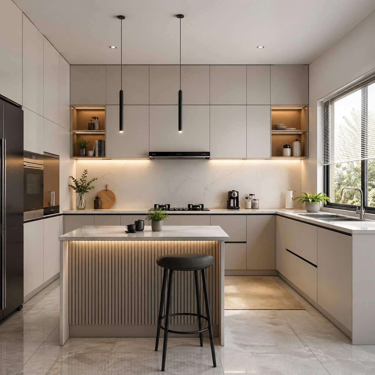 Dapur minimalis ukuran 3x3 meter ini sudah cukup luas untuk menghadirkan kitchen set lengkap dengan mini island, menciptakan ruang memasak yang lebih fleksibel, nyaman, dan terasa lebih premium