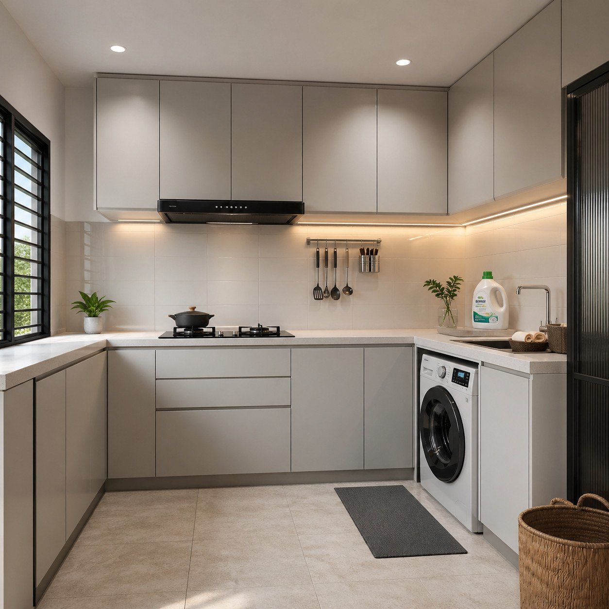 Dapur minimalis yang terintegrasi dengan area laundry ini dirancang rapi dan efisien, memisahkan zona masak dan cuci agar tetap nyaman meski di ruang terbatas