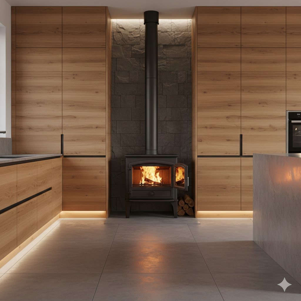 Dapur modern dengan tungku kayu bakar terintegrasi rapi dalam kabinet minimalis dan aksen batu alam yang hangat serta elegan