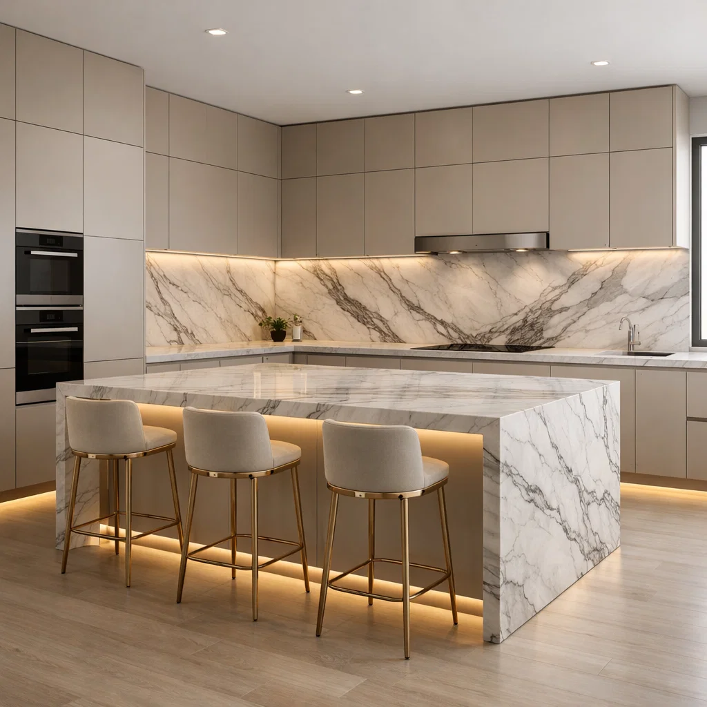 Dapur modern mewah dengan dominasi marble ini menonjolkan keindahan material alami sebagai pusat visual, menciptakan kesan elegan, bersih, dan berkelas tanpa perlu banyak ornamen tambahan