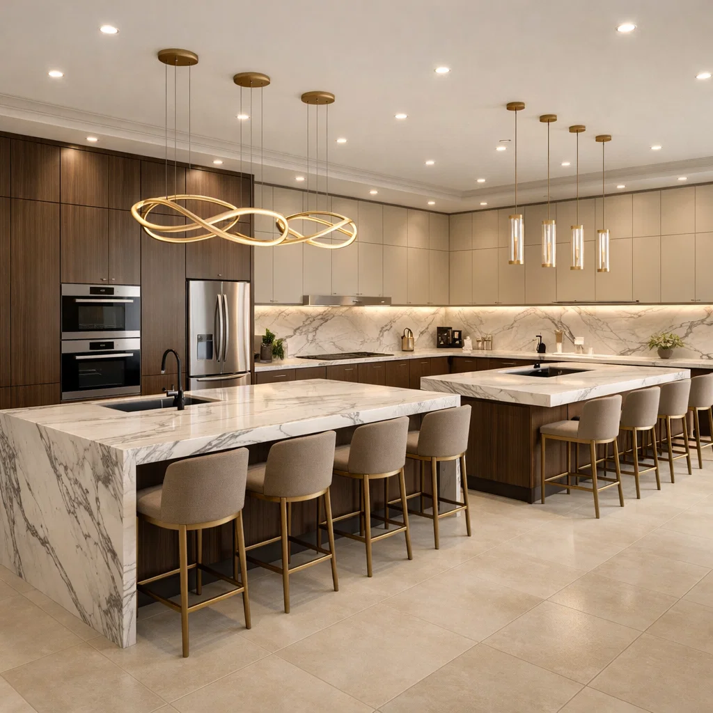 Dapur modern mewah dengan konsep grand space ini menghadirkan kesan eksklusif dan berkelas, lengkap dengan island besar, material premium, dan pencahayaan berlapis yang membuatnya menjadi pusat utama dalam rumah