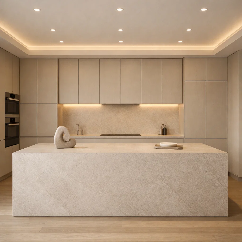 Dapur modern mewah dengan konsep quiet luxury ini menonjolkan keindahan dalam kesederhanaan—finishing matte, warna netral hangat, dan detail presisi menciptakan ruang yang elegan tanpa terlihat berlebihan