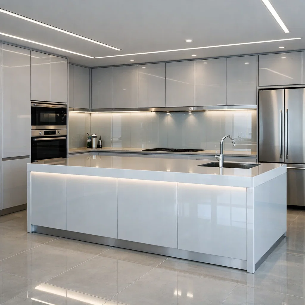 Dapur modern mewah dengan sentuhan kaca dan metal ini menghadirkan kesan futuristik, bersih, dan high-tech—pilihan sempurna untuk hunian premium yang mengutamakan estetika elegan dan teknologi