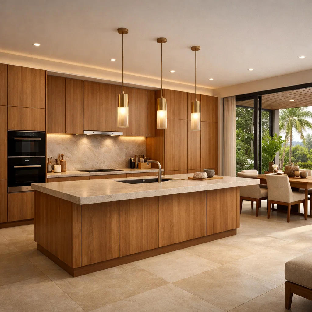 Dapur modern mewah dengan sentuhan tropical ini memadukan kayu premium dan batu alami untuk menciptakan suasana hangat, elegan, dan menyatu dengan alam—ideal untuk hunian eksklusif yang nyaman dan berkelas