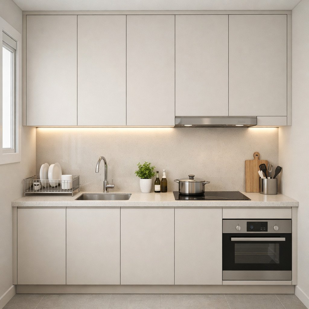 Dapur modern minimalis compact ini dirancang untuk memaksimalkan ruang kecil dengan kabinet penuh hingga plafon, tampilan rapi tanpa clutter, dan layout fungsional yang tetap nyaman digunakan sehari-hari