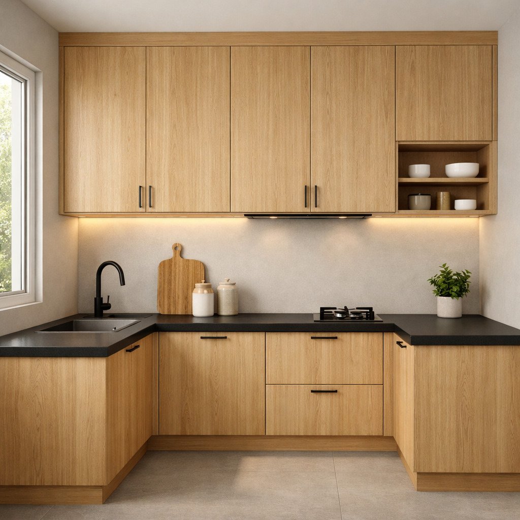 Dapur modern minimalis dengan dominasi kayu natural menghadirkan suasana hangat dan homey, tanpa kehilangan kesan clean dan fungsional—cocok untuk kamu yang ingin dapur terasa lebih hidup namun tetap rapi dan modern