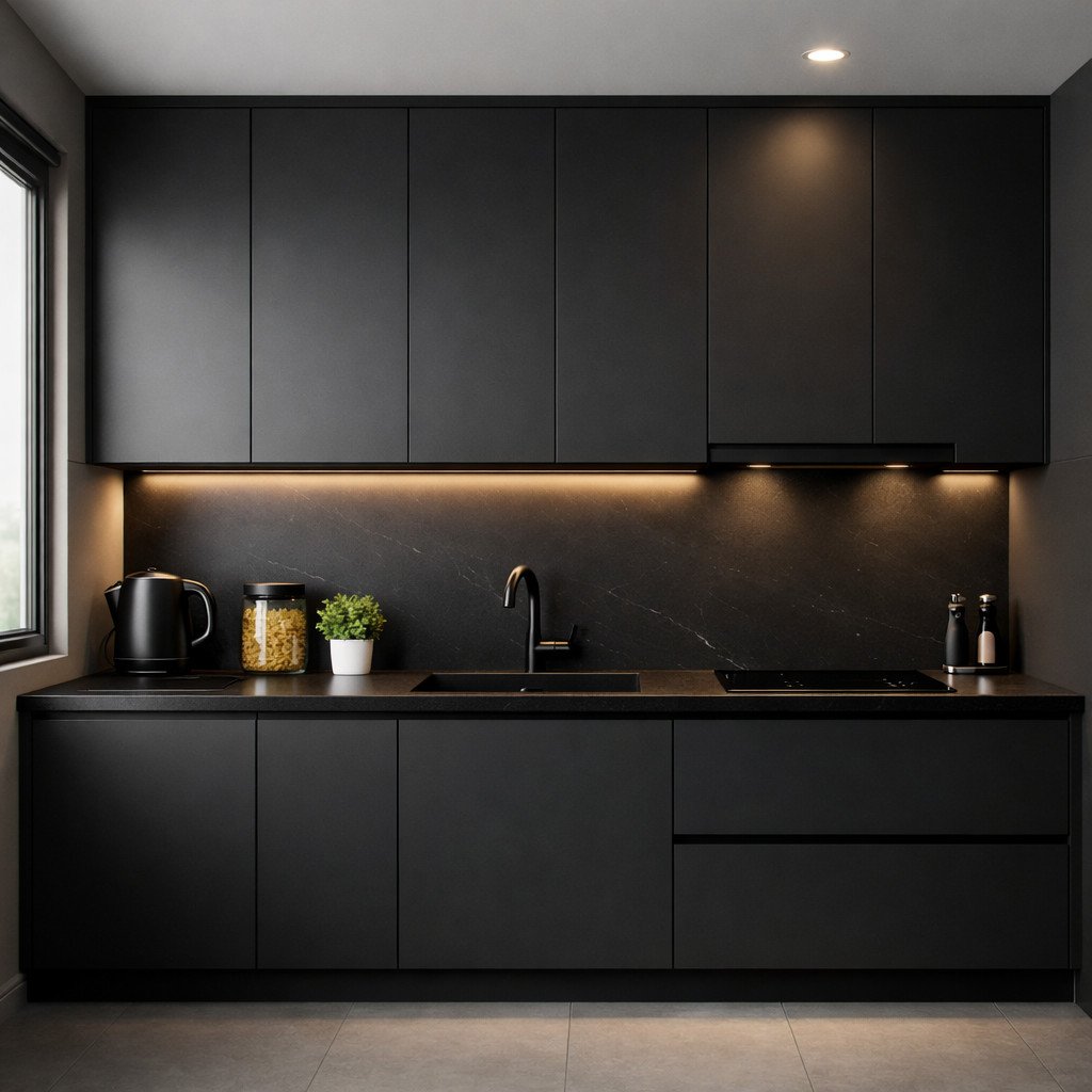 Dapur modern minimalis dengan dominasi warna hitam ini menghadirkan kesan elegan, tegas, dan berkelas—dipadukan dengan pencahayaan yang tepat agar tetap terasa luas dan nyaman digunakan sehari-hari