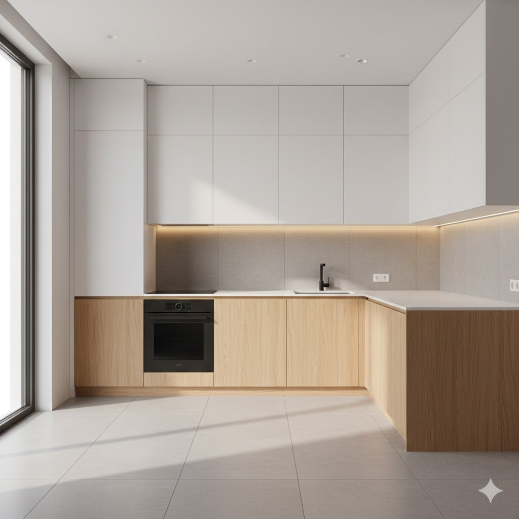 Dapur modern minimalis dengan garis kabinet bersih dan kombinasi putih serta kayu terang yang memberikan kesan rapi, terang, dan fungsional untuk aktivitas sehari-hari