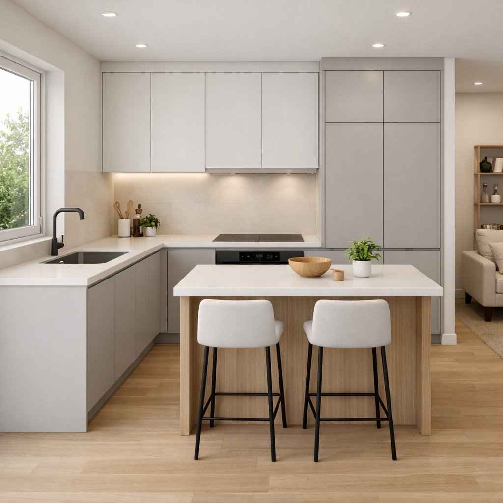 Dapur modern minimalis dengan tambahan island ini tidak hanya meningkatkan fungsi ruang, tetapi juga menciptakan area interaksi yang hangat—cocok untuk konsep rumah open plan yang nyaman dan efisien