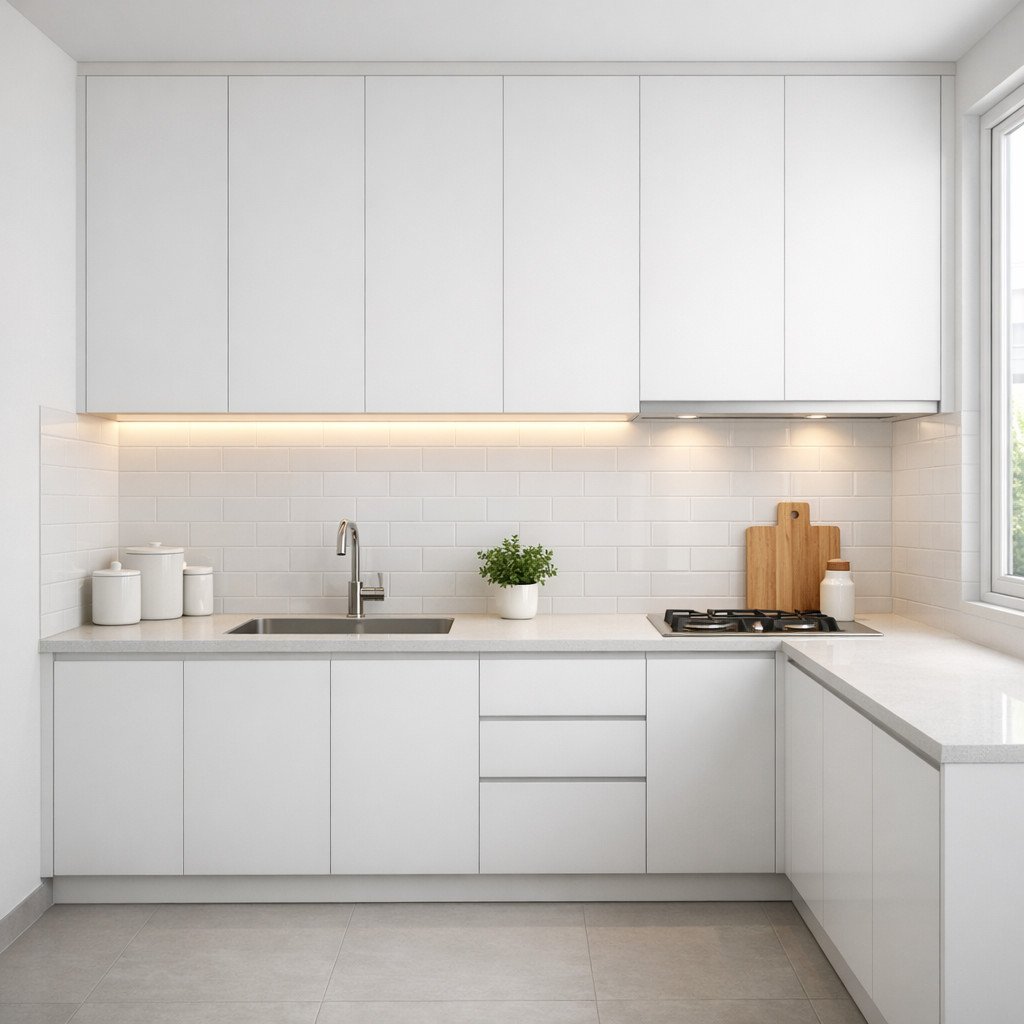 Dapur modern minimalis serba putih ini menghadirkan kesan bersih, terang, dan timeless, dengan layout fungsional serta permainan tekstur yang membuat ruang tetap hidup tanpa terlihat monoton