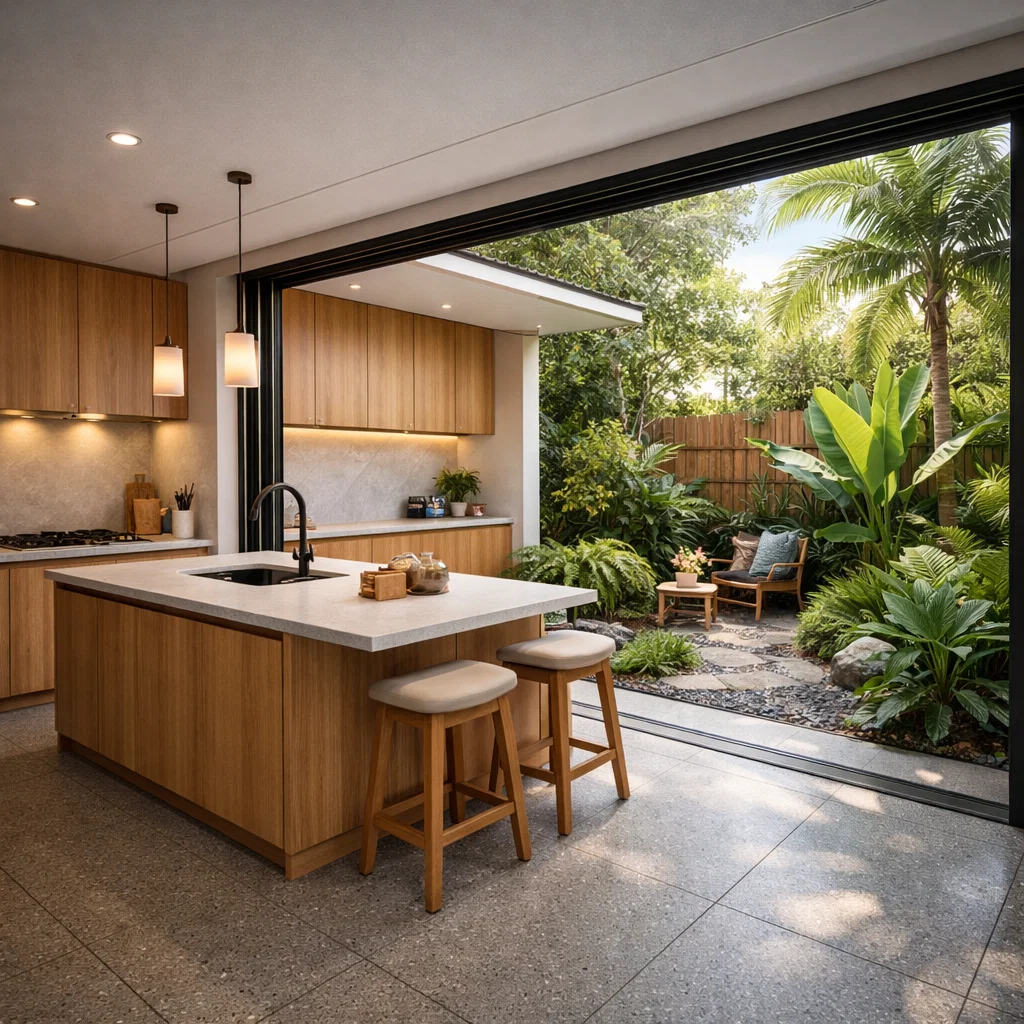 Dapur modern terbuka yang menyatu dengan taman kecil hijau menciptakan suasana segar dan terang dengan komposisi material natural yang harmonis