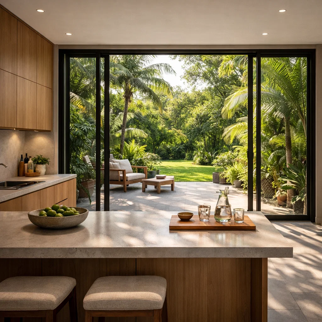 Dapur modern yang terhubung langsung dengan taman belakang hijau melalui bukaan kaca besar dengan suasana hangat dan natural