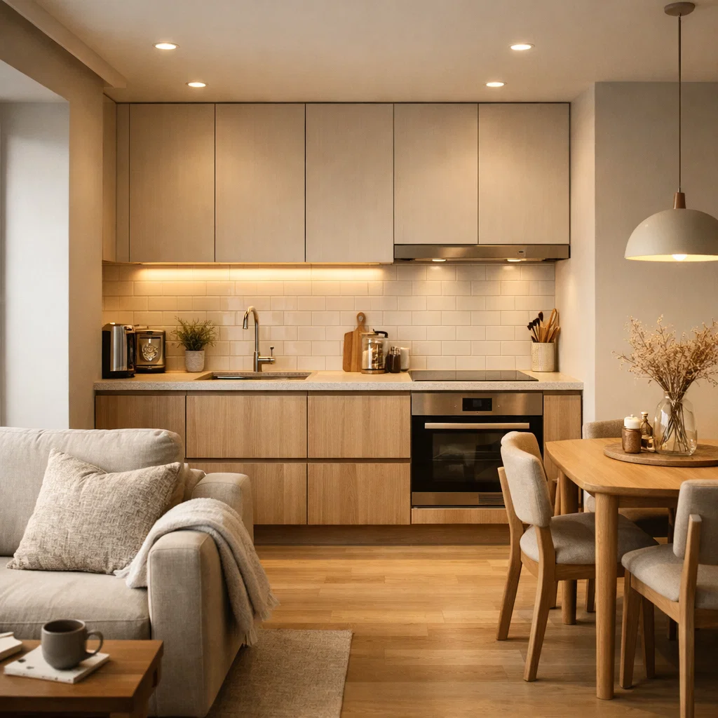 Dapur mungil terbuka yang menyatu dengan ruang keluarga dengan komposisi modern dan proporsional yang terasa hangat serta lapang