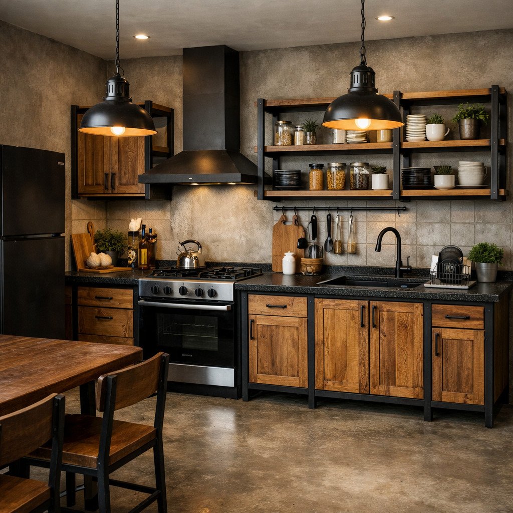 Dapur rustic industrial dengan kombinasi kayu hangat dan rangka besi