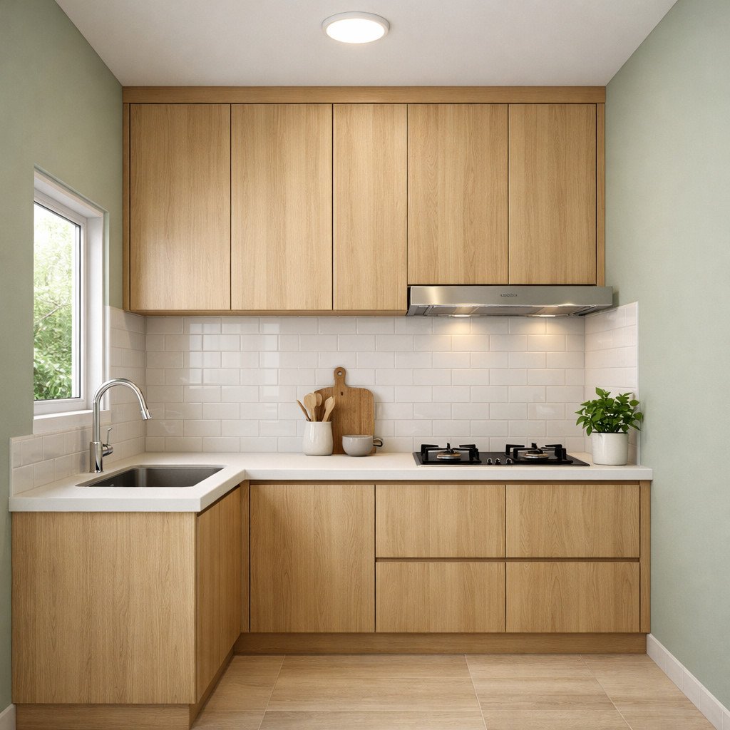 Dapur sempit dengan warna sage yang terasa segar dan menenangkan