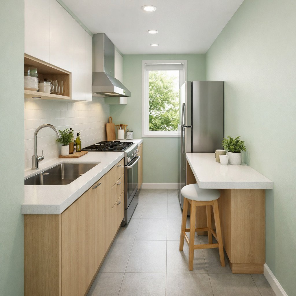 Dapur sempit mint green yang terasa segar dan lebih luas